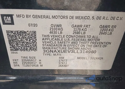 2020 Chevrolet Equinox Awd Lt 1.5L Turbo из США, поврежденный, VIN 3GNAXUEV3LL314980